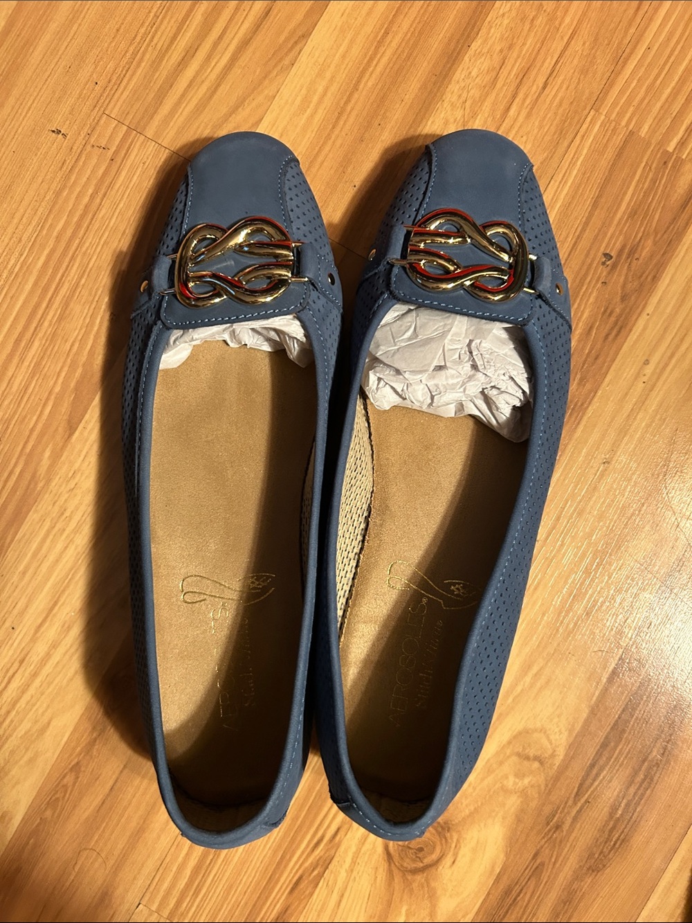 AEROSOLES Navy Blue Perforated Slip-On Loafers with Gold Accent